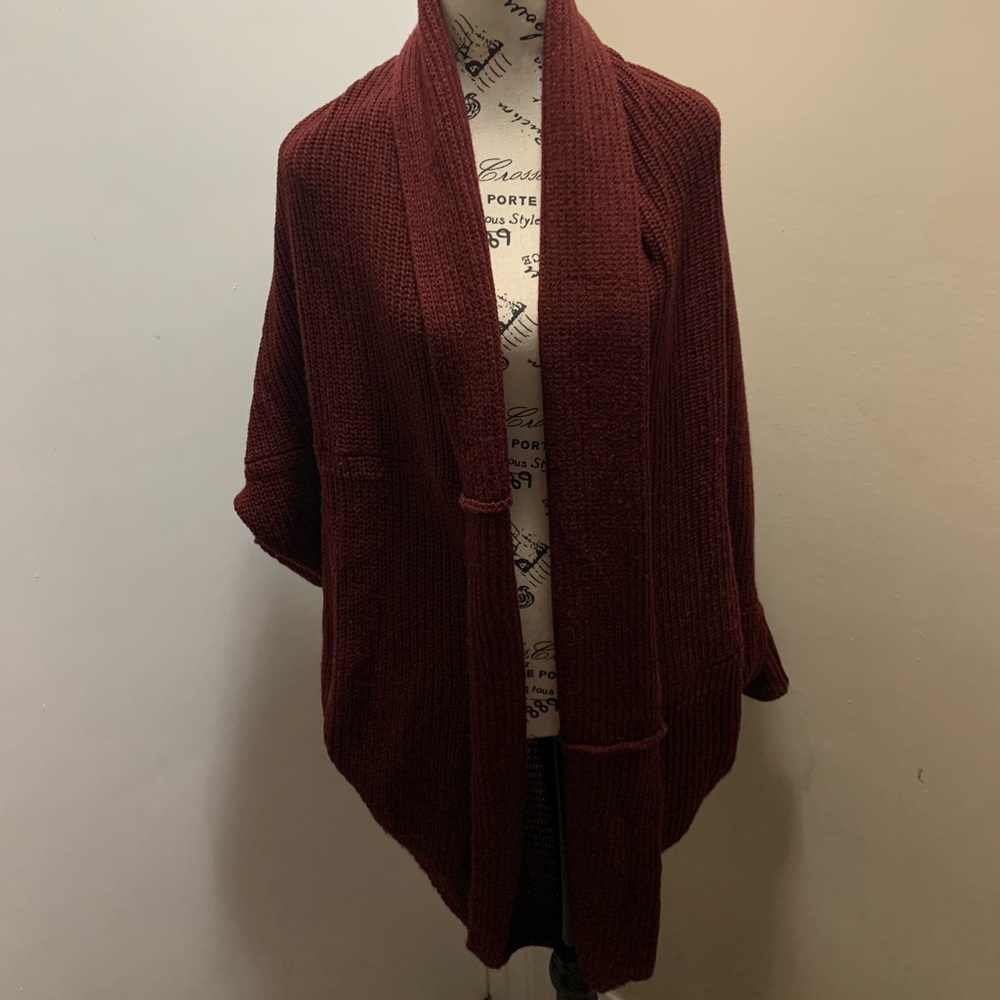 Women’s Open-Front Burgundy Knit Sweater Cardigan